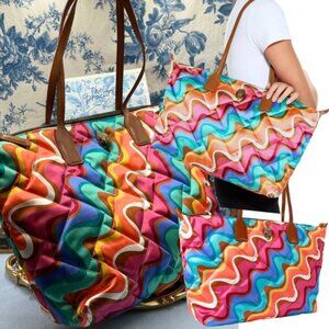 🆕 KURT GEIGER LONDON 🧿 NWOT Large Recycled Nylon Shopper Tote, Rainbow Swirl